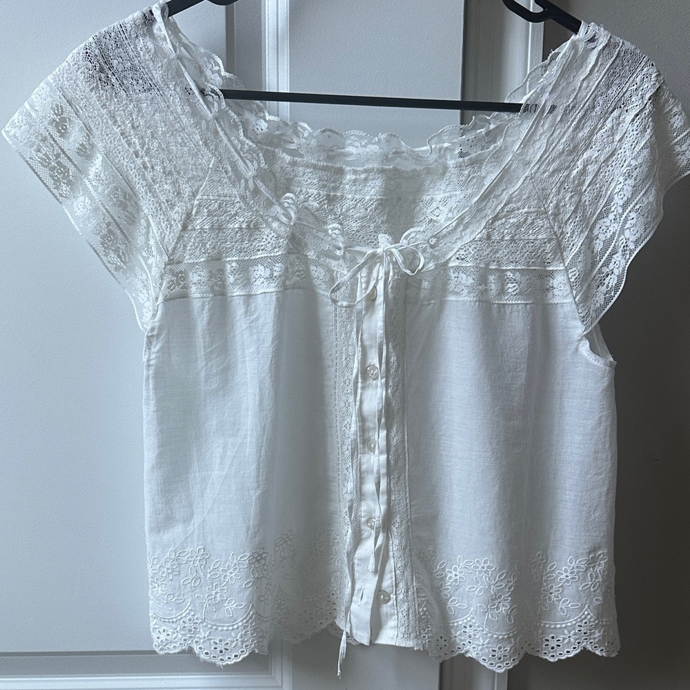 Mango Ivory Lace Trim Blouse